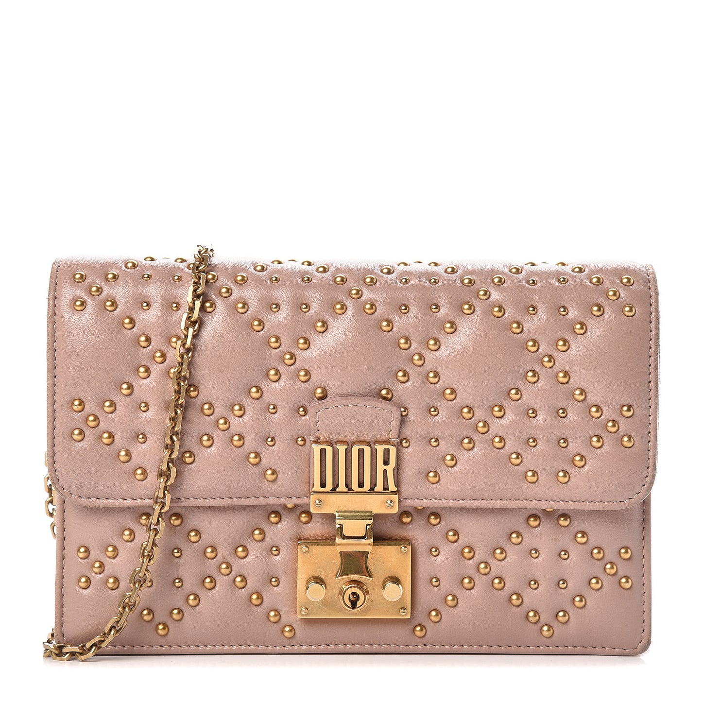 Lambskin Cannage Studded Dioraddict Wallet on Chain Clutch Nude