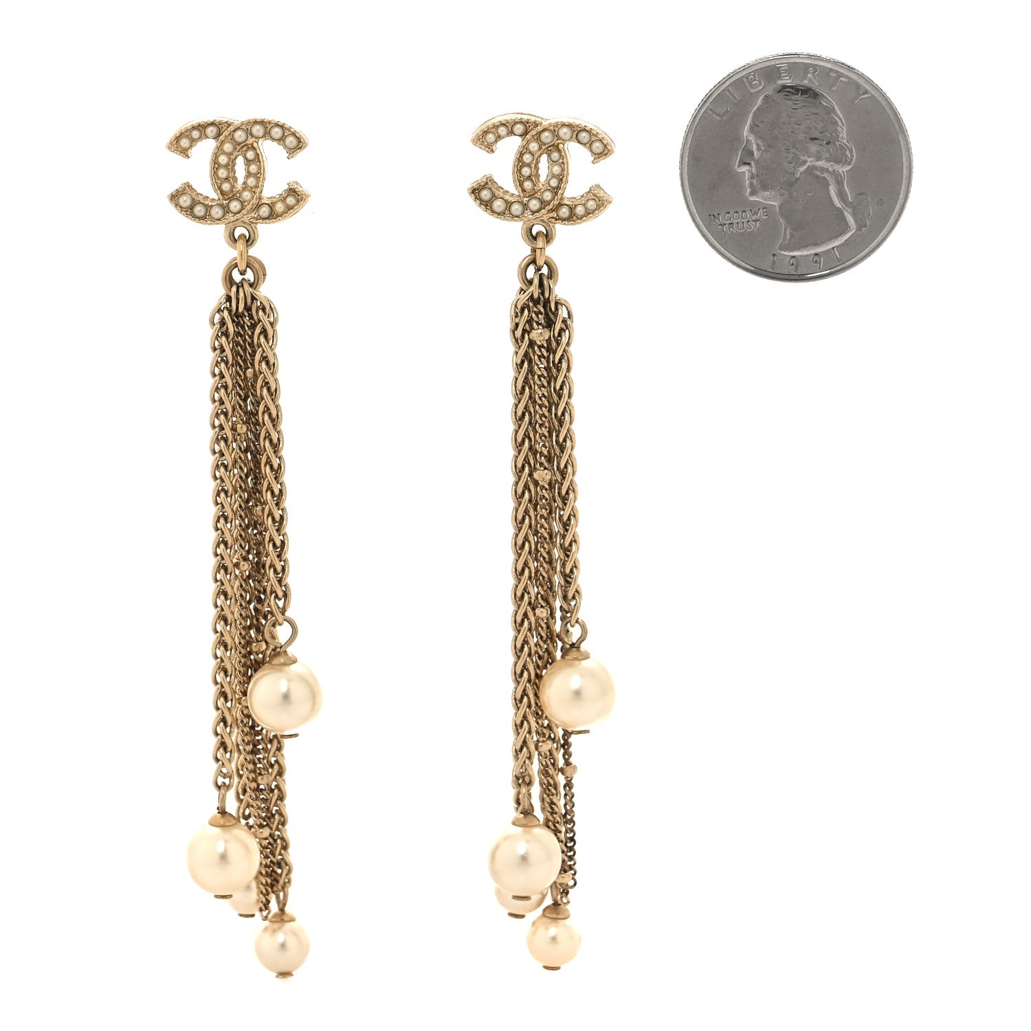 Chanel Pearl Chain CC Dangle Earrings Gold 2 of 5
