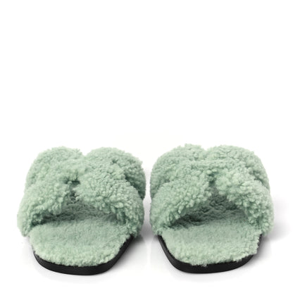 Hermes Woolskin Oran Sandals 38 Vert D'Eau 2 of 7