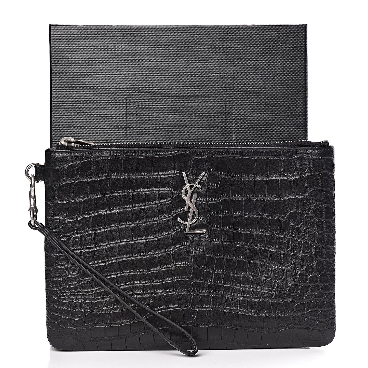 Calfskin Crocodile Embossed Monogram Zip Pouch Black