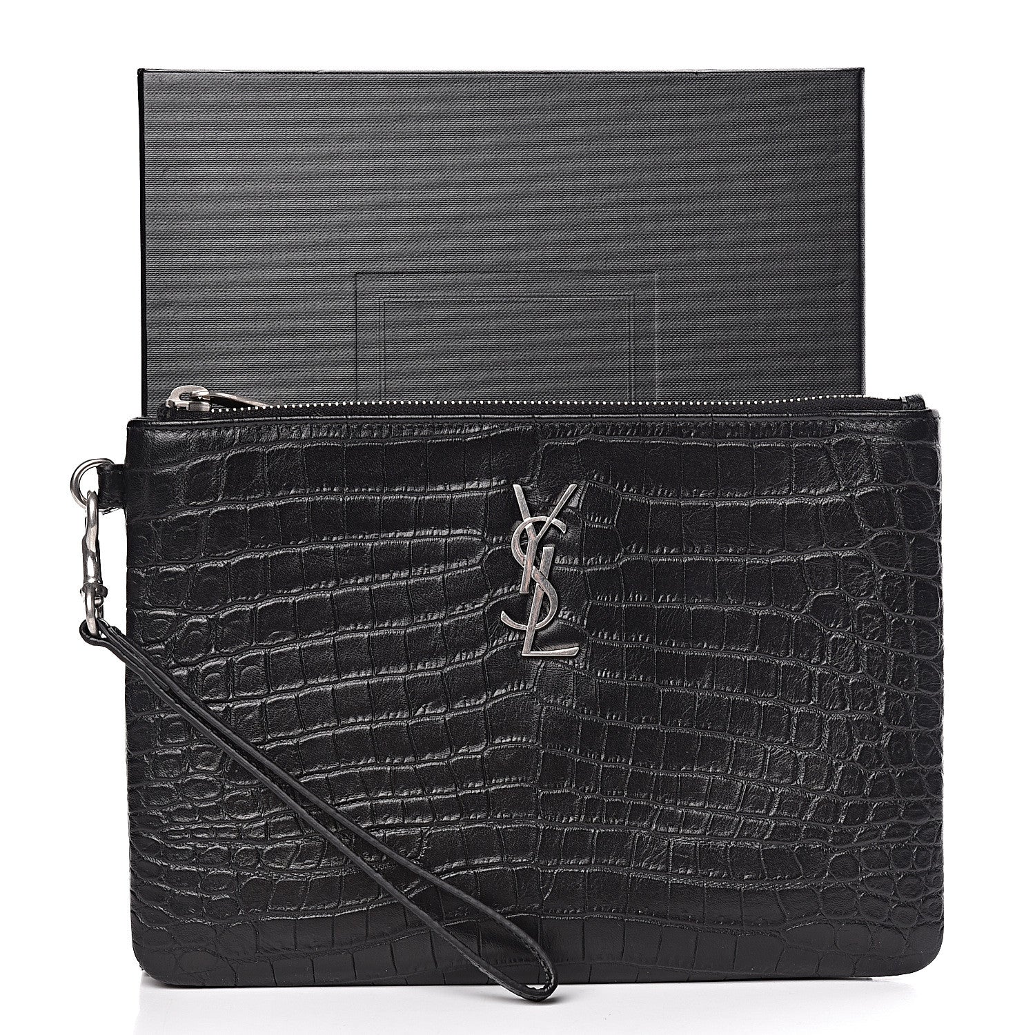 Saint Laurent Calfskin Crocodile Embossed Monogram Zip Pouch Black 7 of 7
