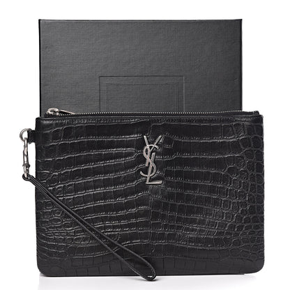 Saint Laurent Calfskin Crocodile Embossed Monogram Zip Pouch Black 7 of 7