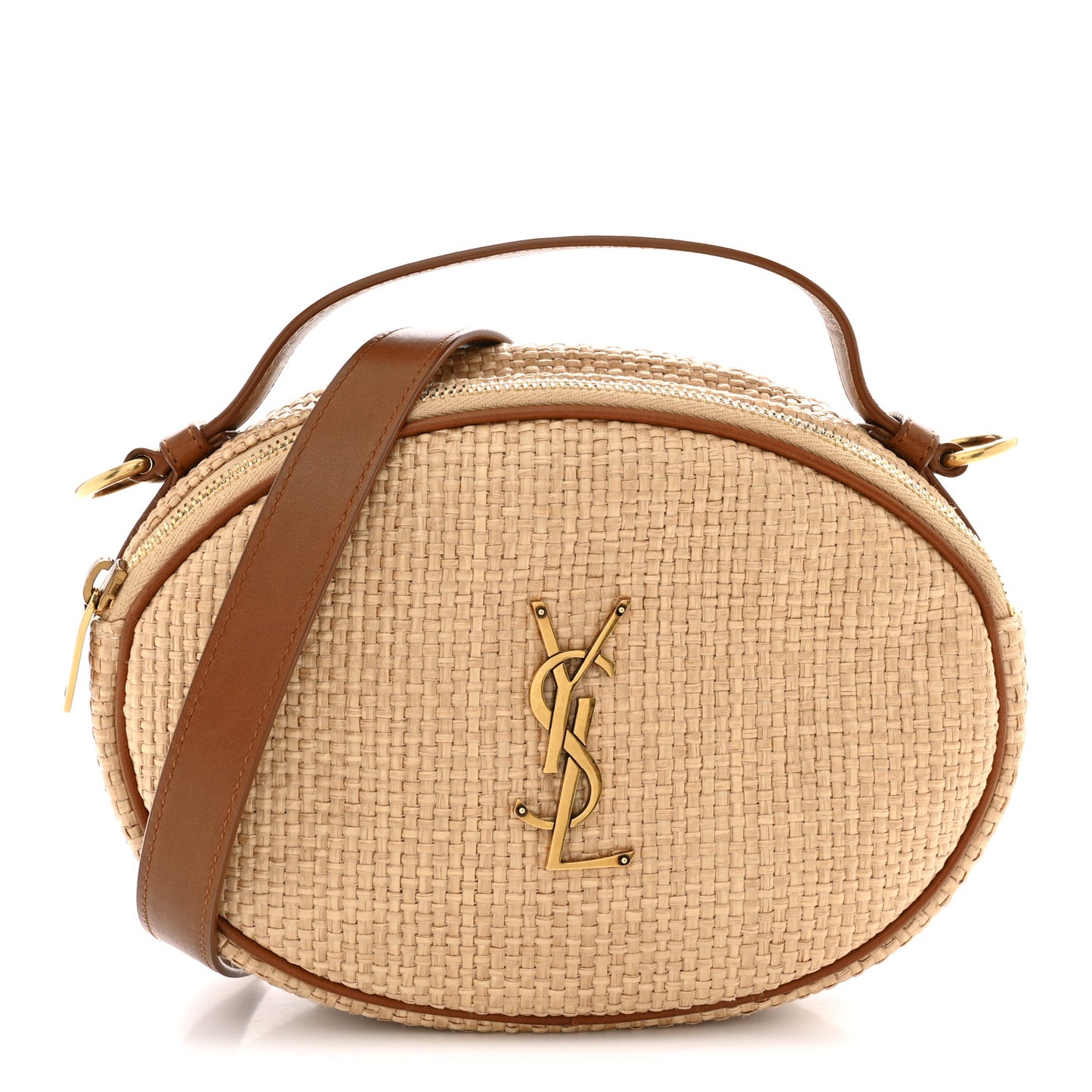 Raffia Calfskin Round Camera Bag Golden Ecru Brick
