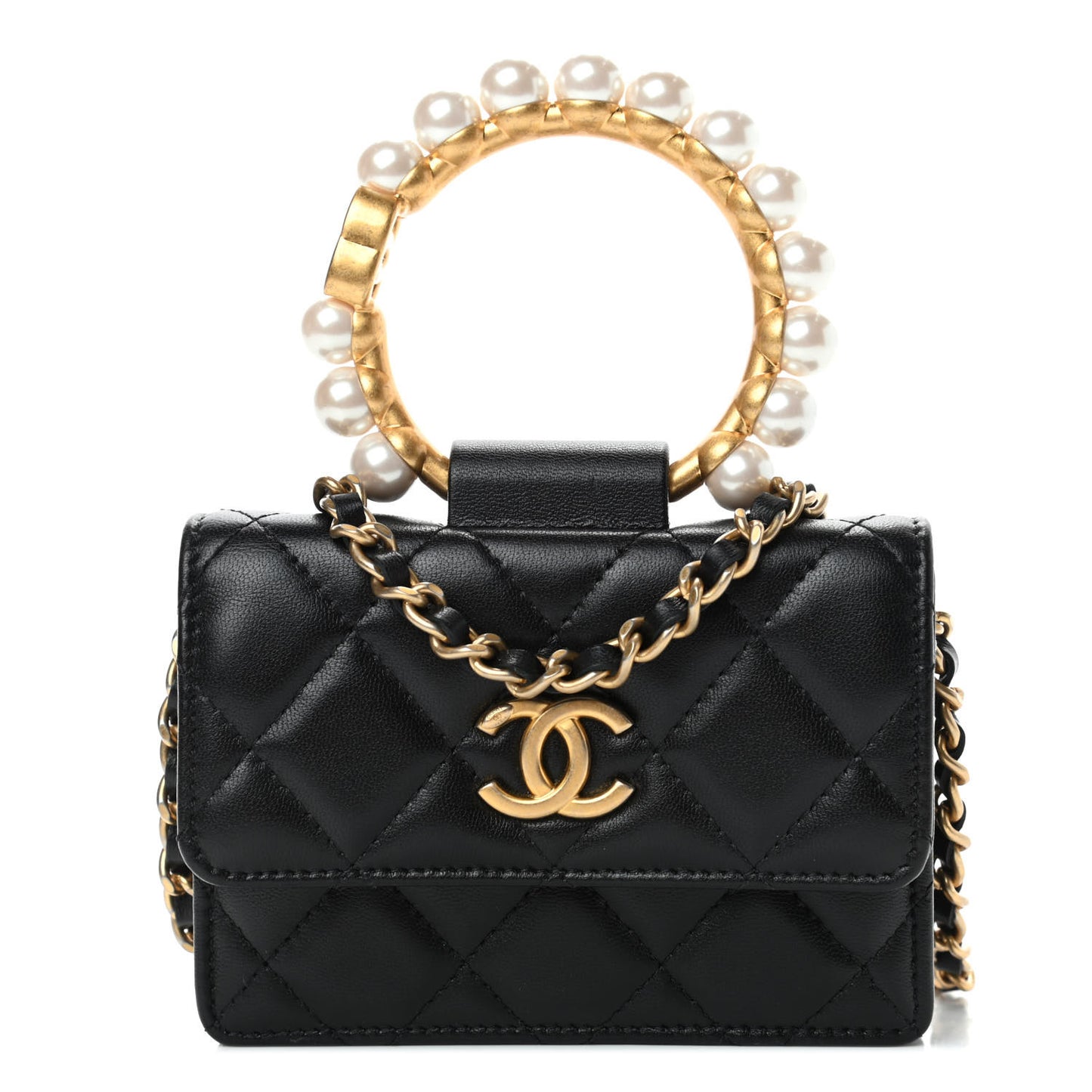 Lambskin Quilted Pearl Crown Clutch With Chain Black