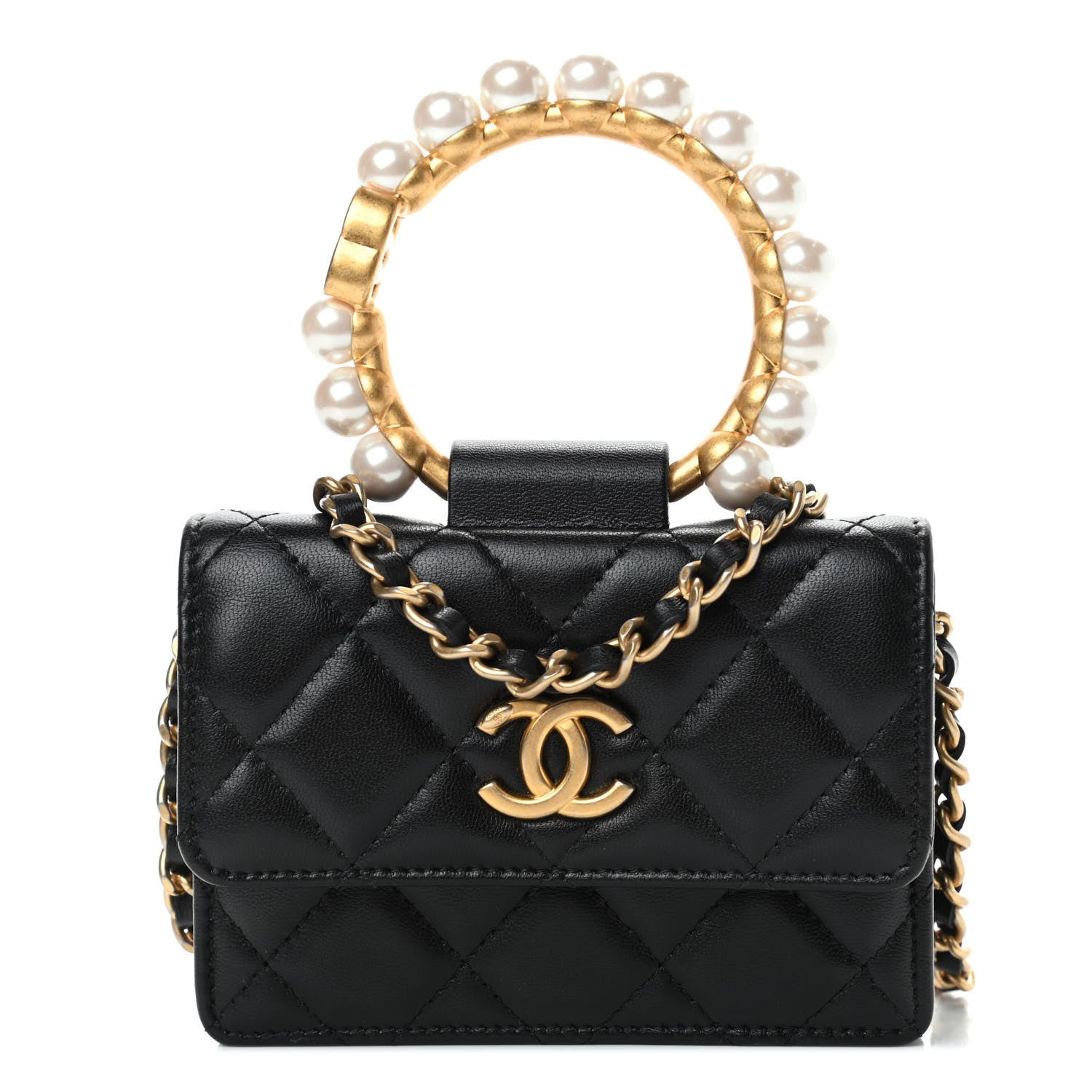 Chanel Lambskin Quilted Pearl Crown Clutch With Chain Black 1 of 4