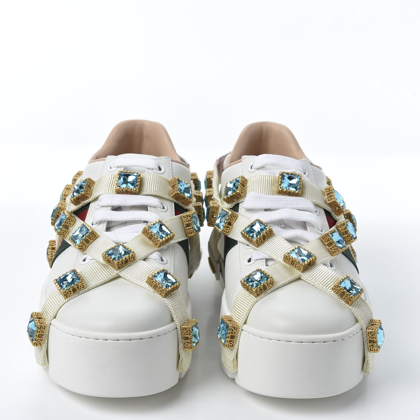 Calfskin Removable Crystals Bee Embroidered Womens Ace Platform Sneakers 35.5 White