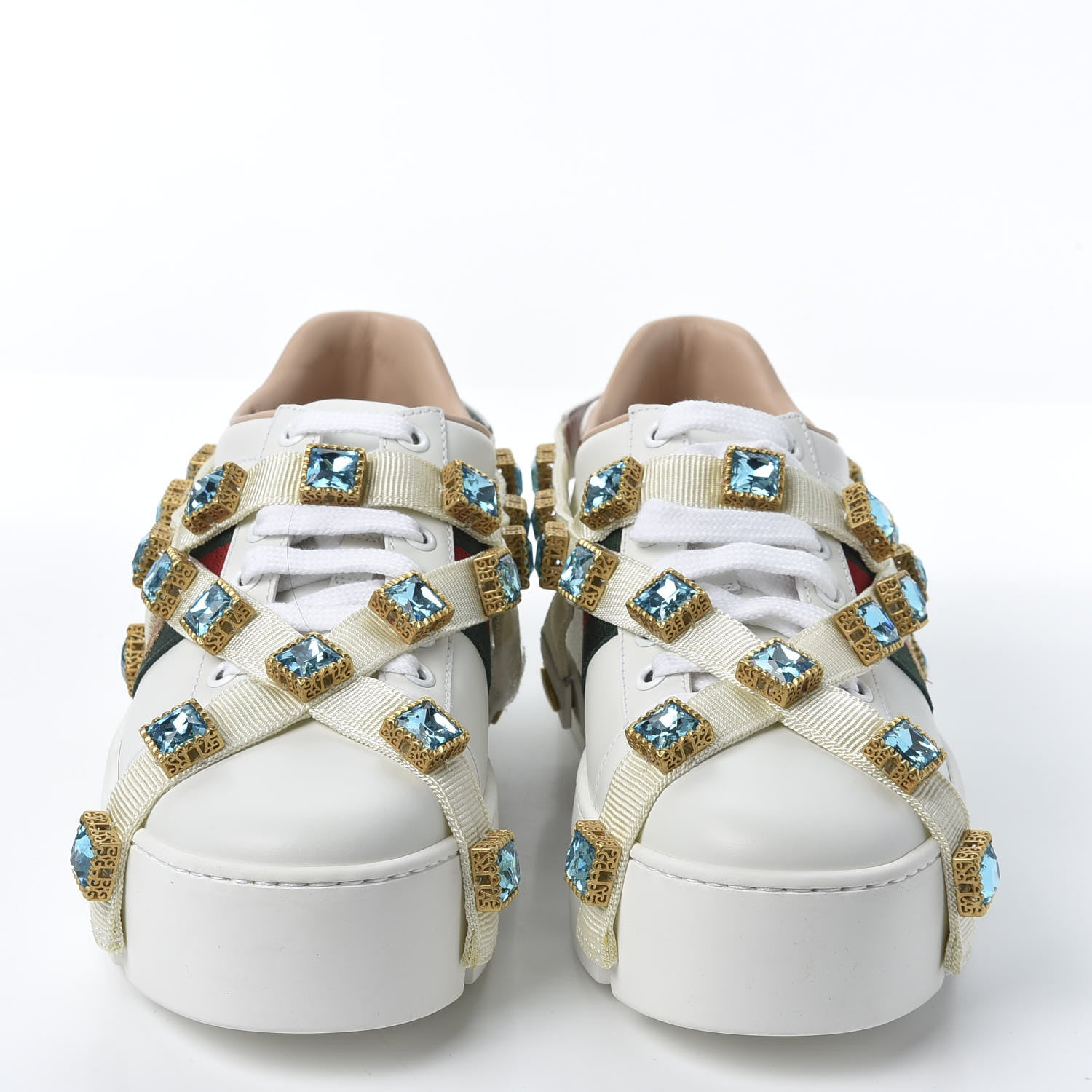 Gucci Calfskin Removable Crystals Bee Embroidered Womens Ace Platform Sneakers 35.5 White 2 of 10