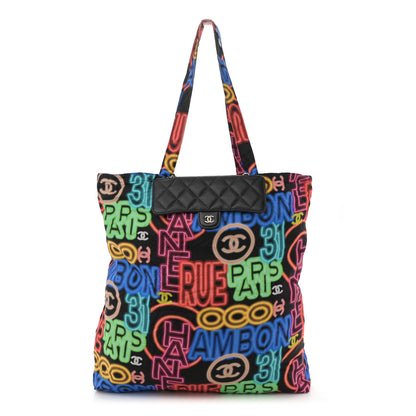 Chanel Caviar Fabric Graffiti Foldable Tote Bag With Chain Black Multicolor 1 of 19