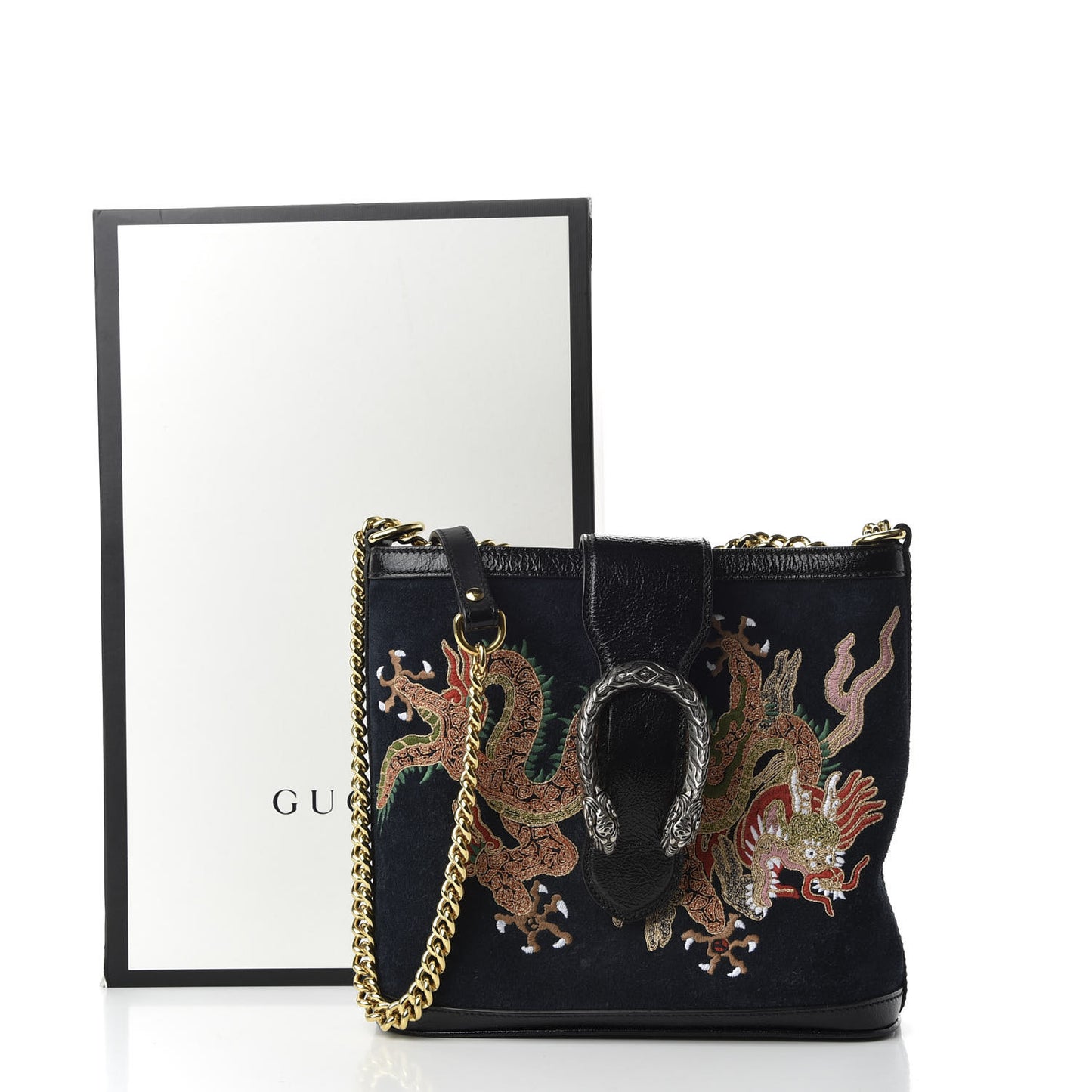 Suede Patent Dragon Embroidered Medium Dionysus Bucket Bag Dark Blue