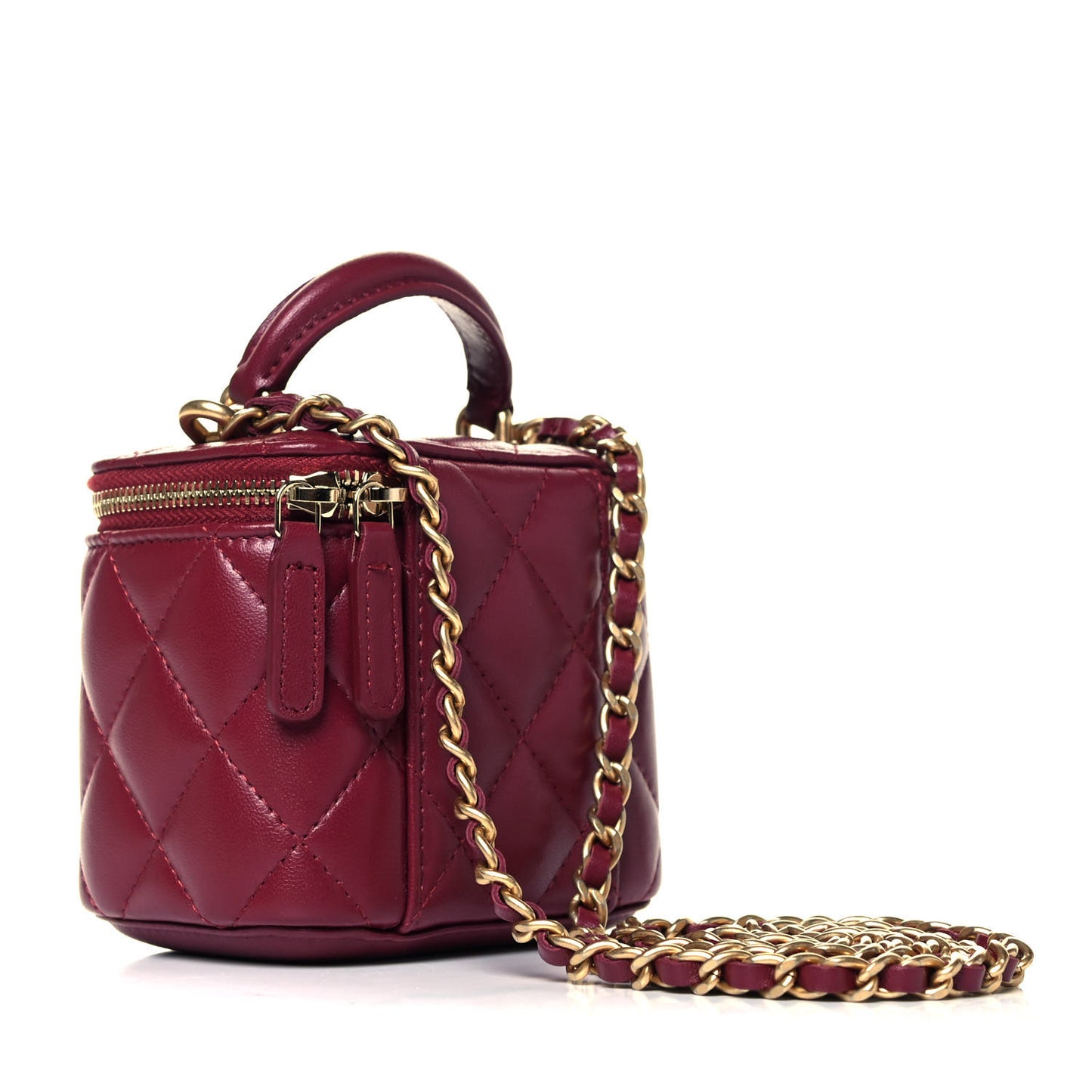 Lambskin Quilted Top Handle Mini Vanity Case With Chain Burgundy