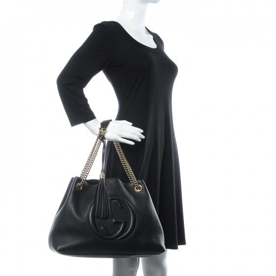 Pebbled Calfskin Medium Soho Chain Shoulder Bag Black