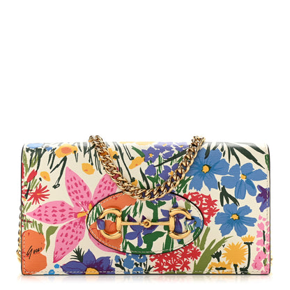 Gucci X KEN SCOTT New Shangai Calfskin Jardin D'Avril Floral Print Horsebit 1955 Wallet On Chain Ivory Pink 1 of 10