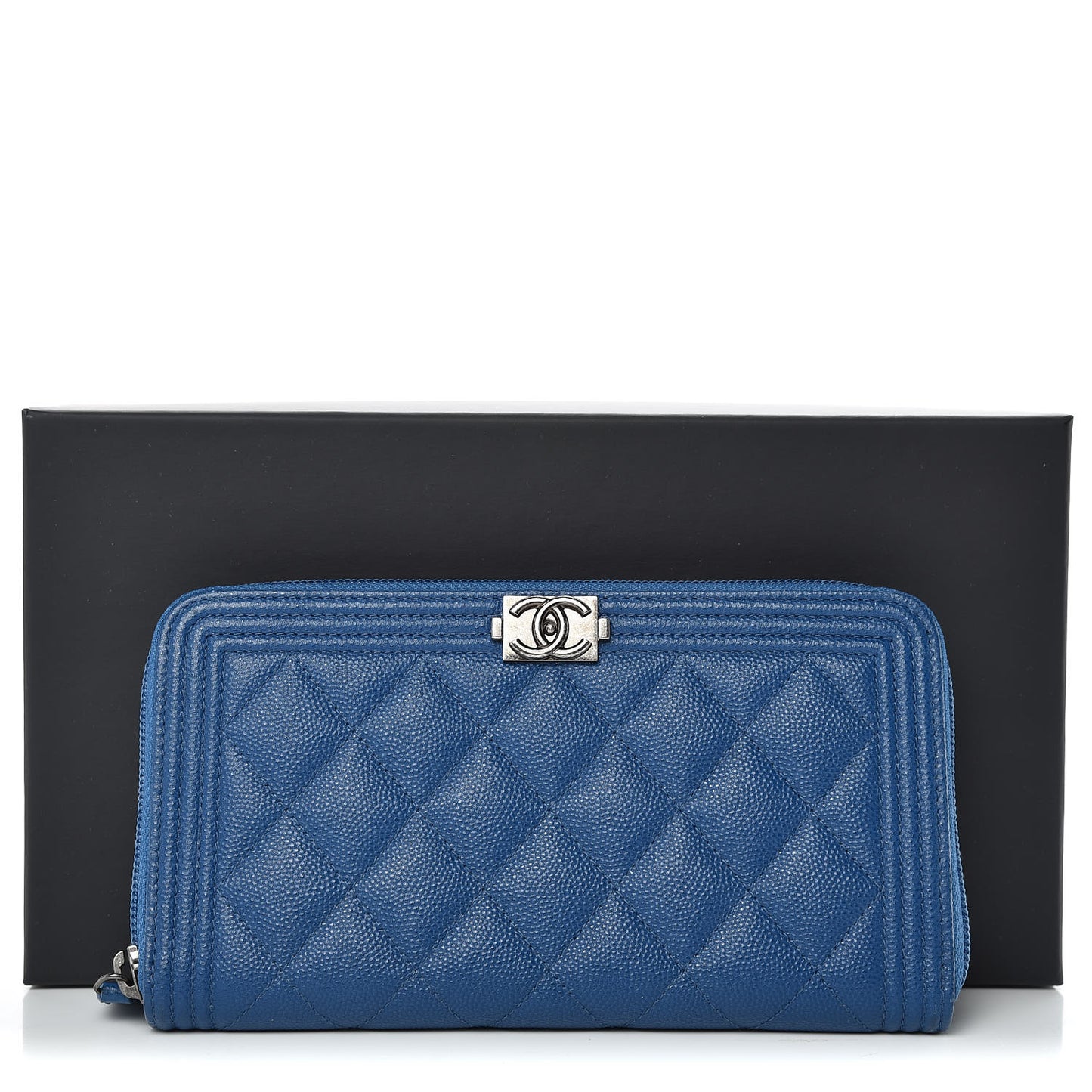 Caviar Quilted Large Zip Around Boy Wallet Blue