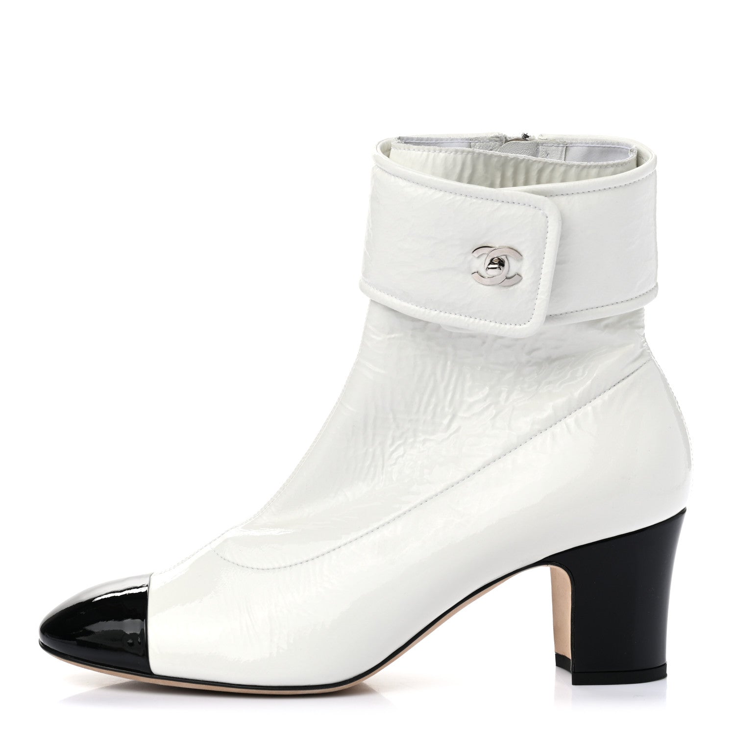 Chanel Distressed Patent Cap Toe CC Turnlock Ankle Boots 40.5 White Black 1 of 11