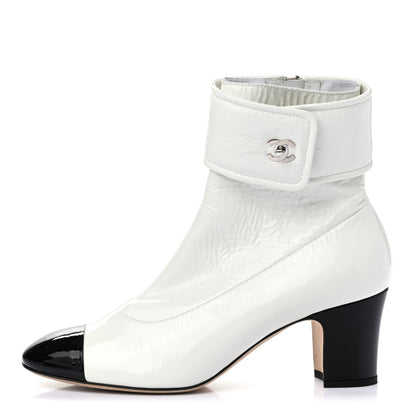 Chanel Distressed Patent Cap Toe CC Turnlock Ankle Boots 40.5 White Black 1 of 11
