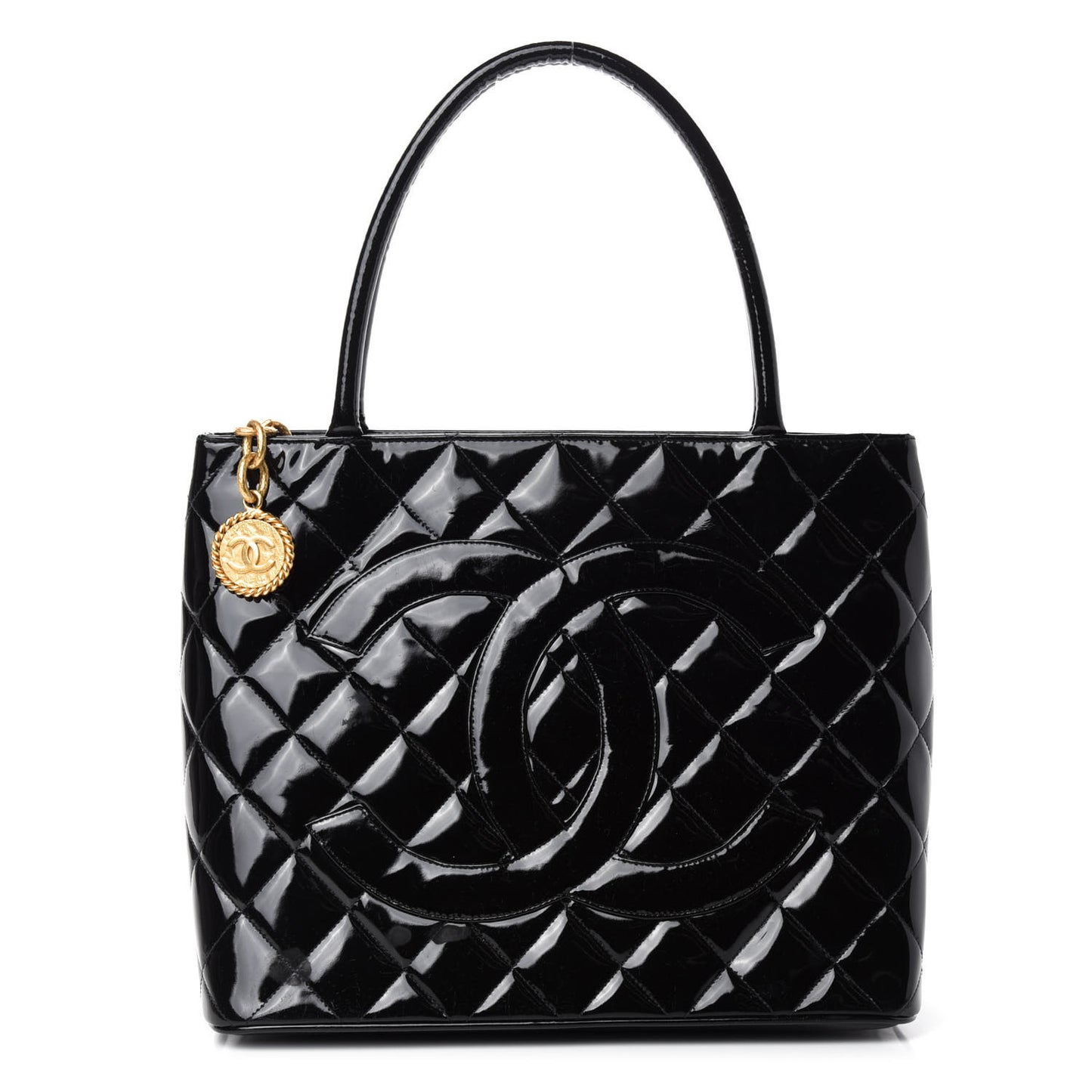 Patent Quilted Medallion Tote Black