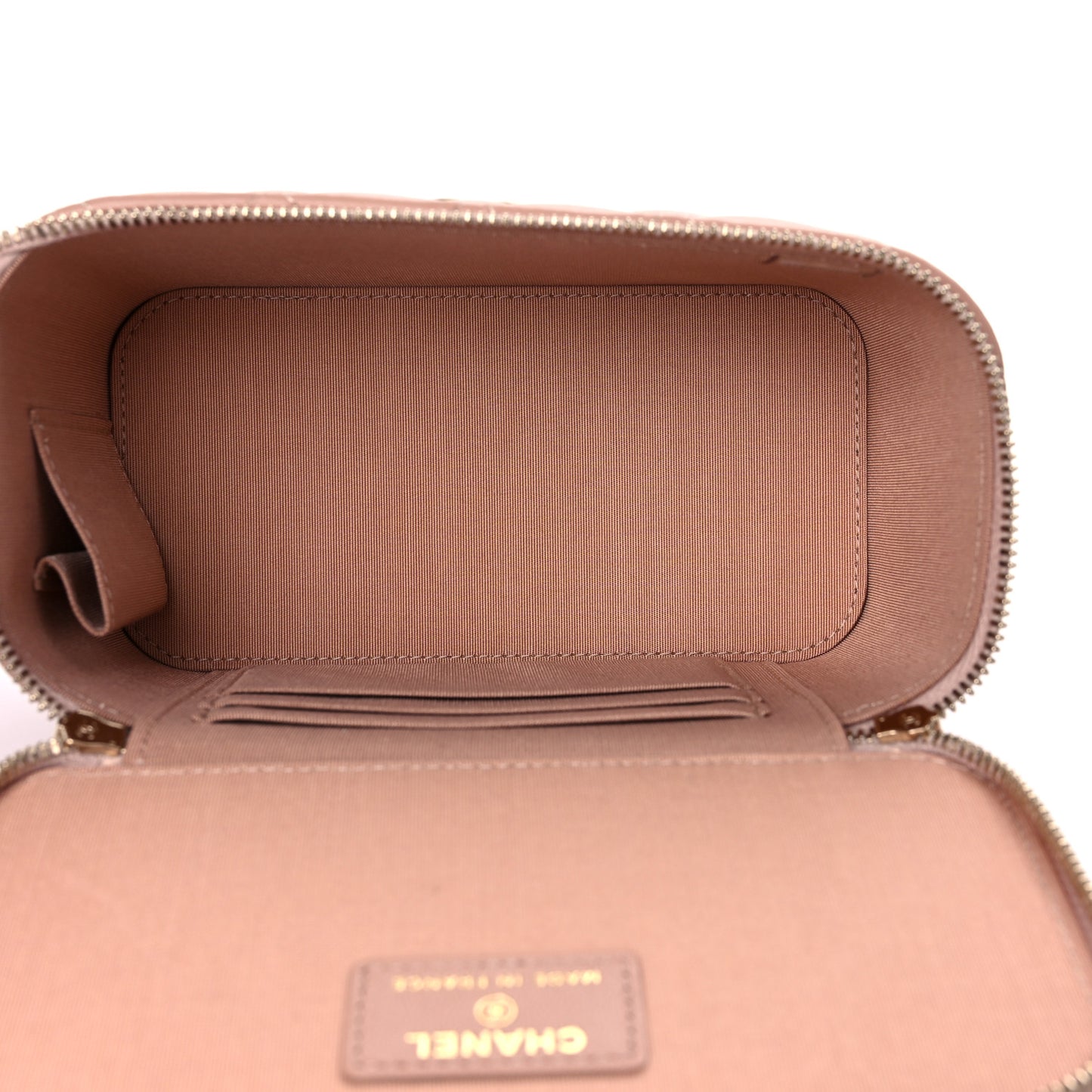 Lambskin Quilted Small Top Handle Vanity Case With Chain Beige