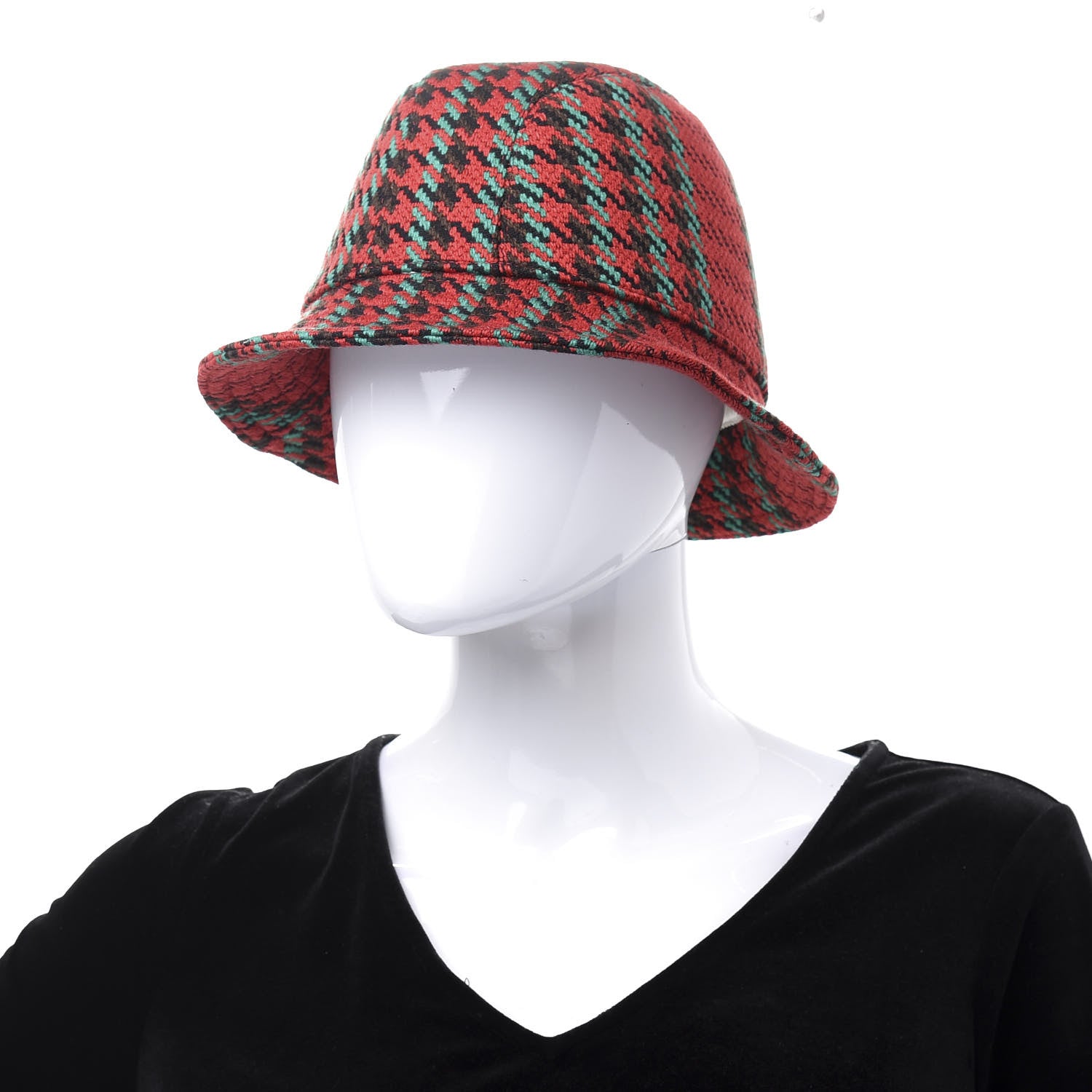 Gucci Tweed Wool Houndstooth Interlocking G Bucket Hat S Red Green 2 of 11