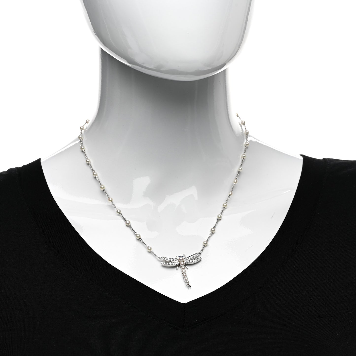 Platinum Diamond Blue Sapphire Pearl Nature Dragonfly Station Necklace