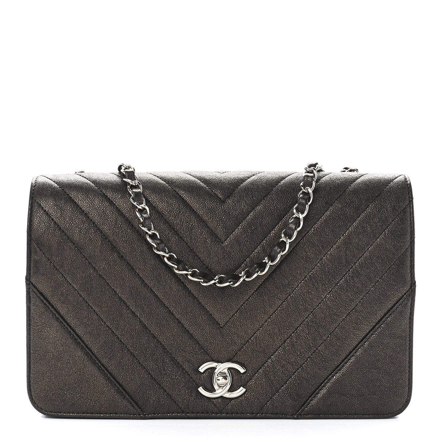 Metallic Caviar Chevron Quilted Medium Statement Flap Bronze