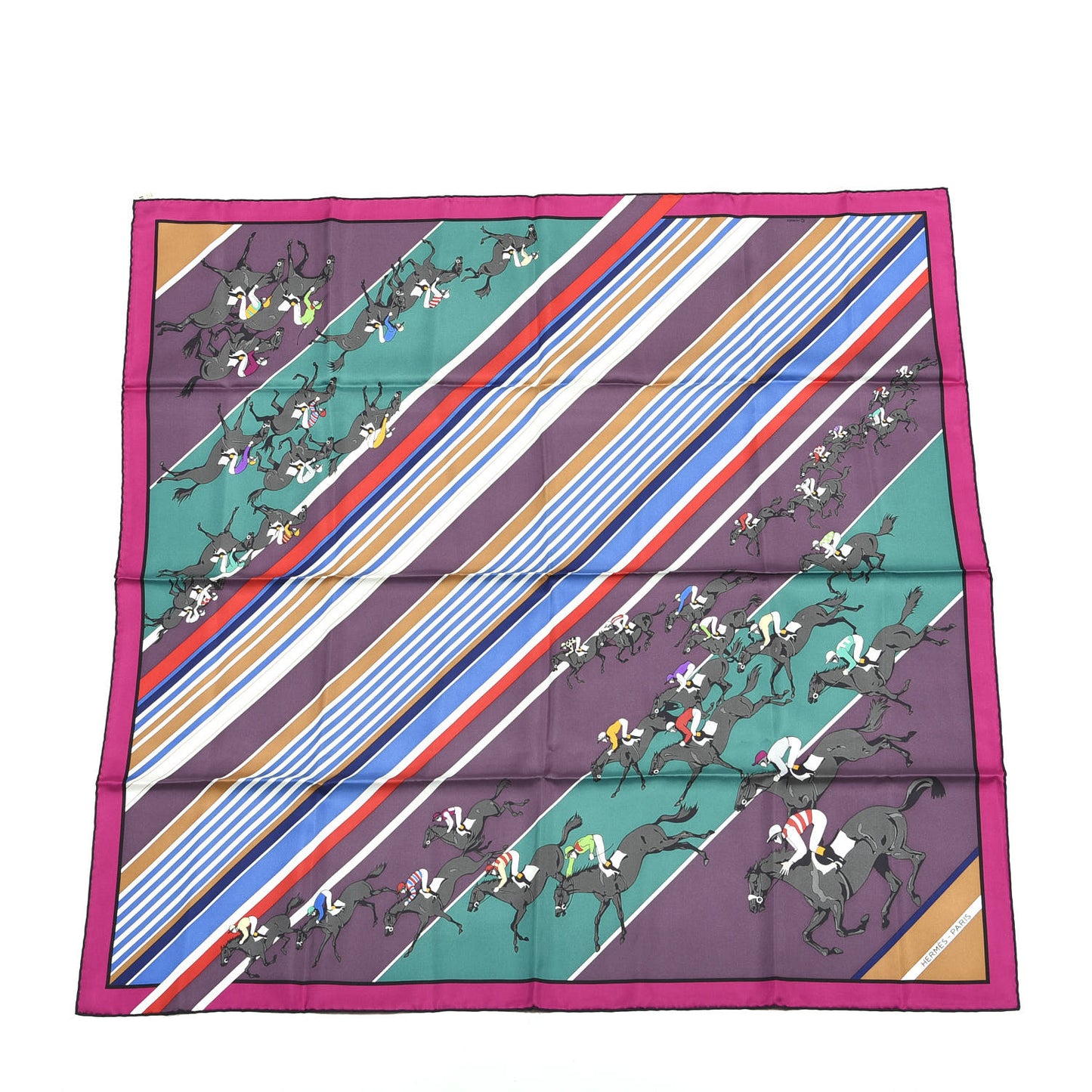 Silk Les Courses Scarf 90 Fuchsia Vert Lie De Vin