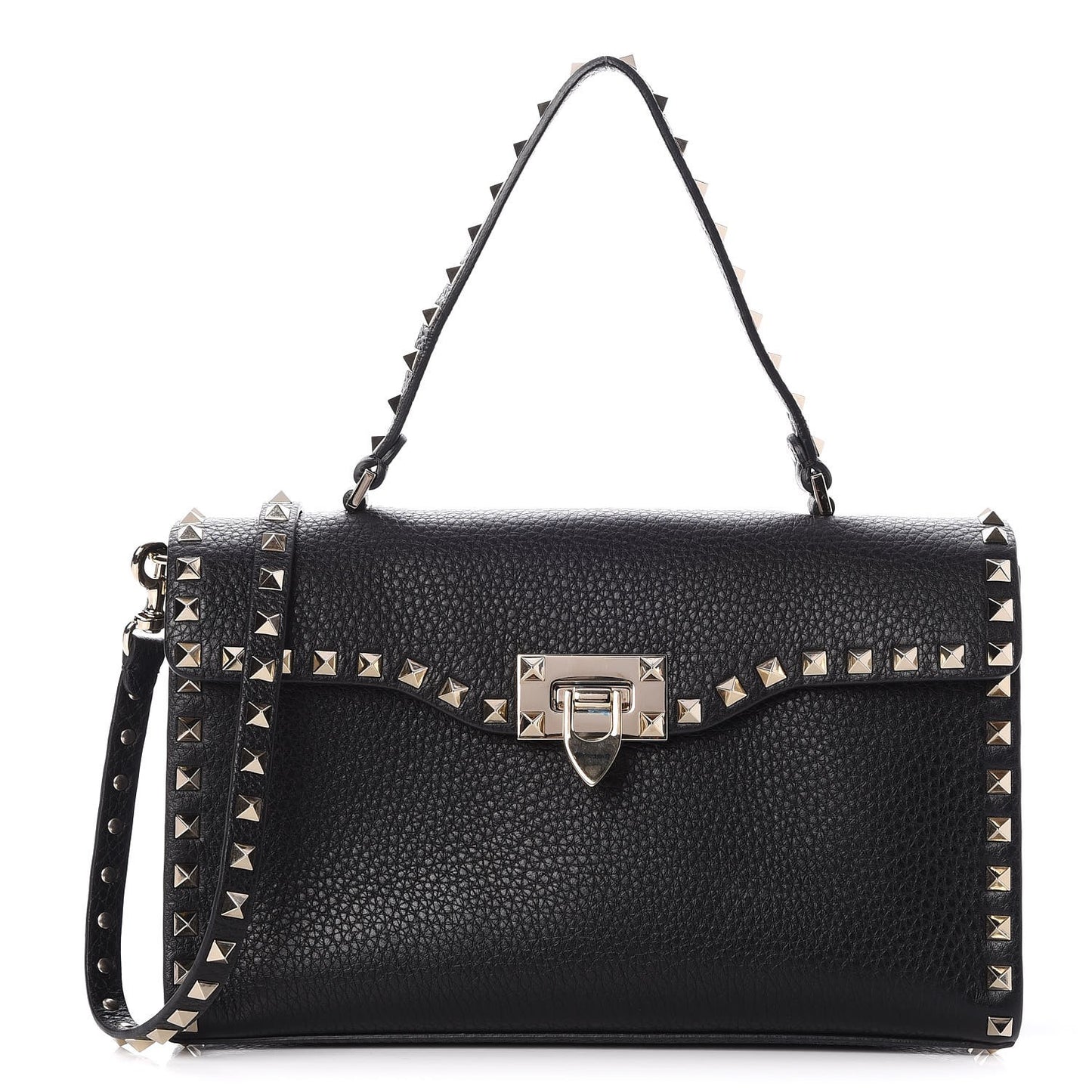 Pebbled Calfskin Small Rockstud Single Handle Flap Bag Black