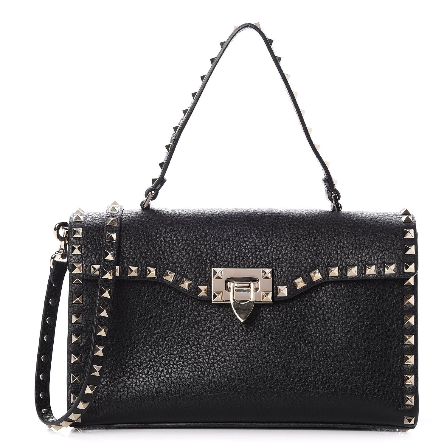 Valentino Garavani Pebbled Calfskin Small Rockstud Single Handle Flap Bag Black 1 of 6