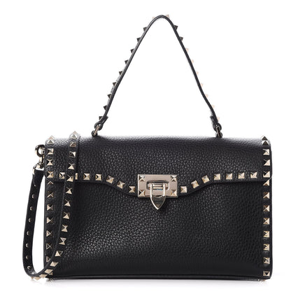 Valentino Garavani Pebbled Calfskin Small Rockstud Single Handle Flap Bag Black 1 of 6