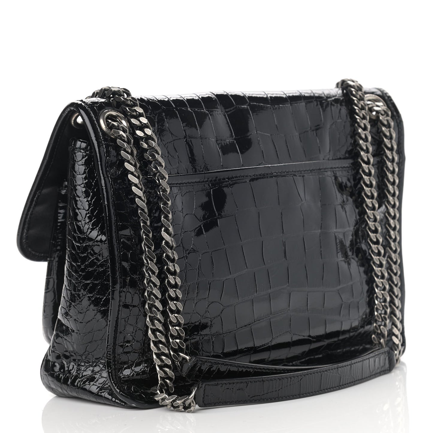 Patent Crocodile Embossed Lambskin Monogram Medium Niki Chain Satchel Black