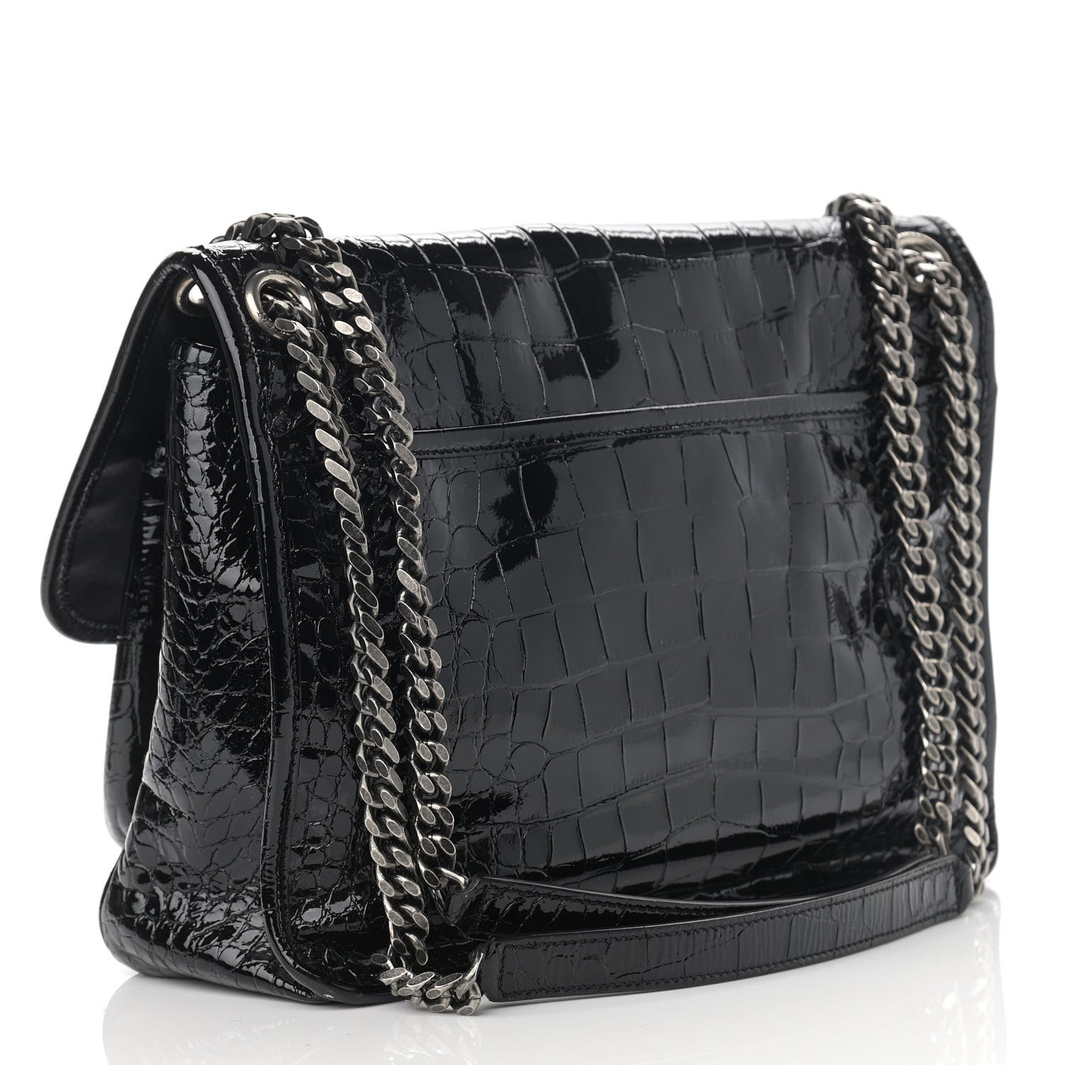 Saint Laurent Patent Crocodile Embossed Lambskin Monogram Medium Niki Chain Satchel Black 3 of 16