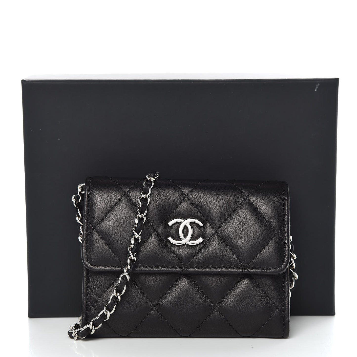 Lambskin Quilted Card Holder On Chain Black