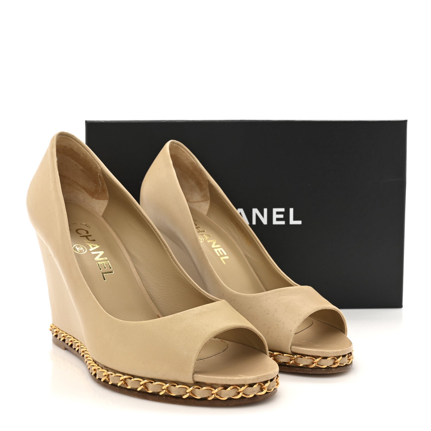 Chanel Calfskin Chain Peep Toe Wedge Pumps 39 Beige 19 of 19