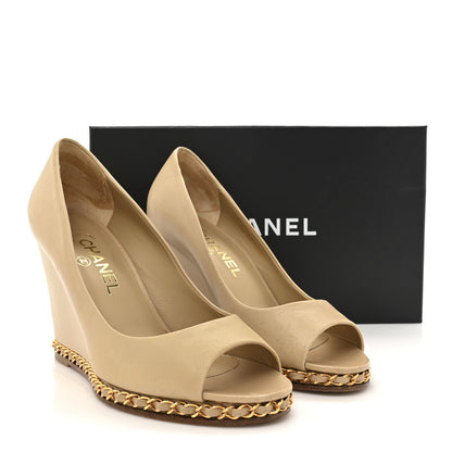 Chanel Calfskin Chain Peep Toe Wedge Pumps 39 Beige 19 of 19