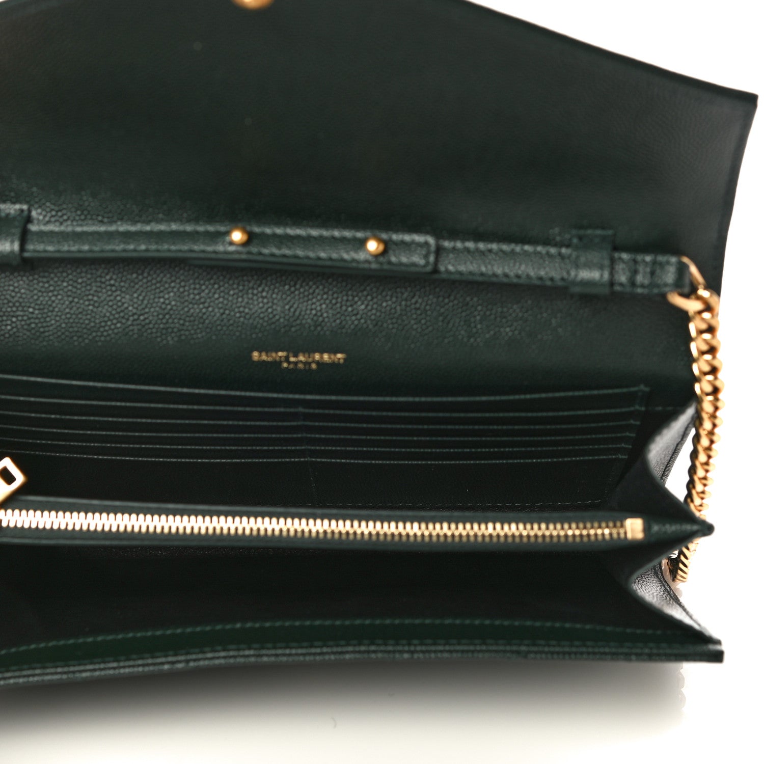 Saint Laurent Grain De Poudre Matelasse Chevron Monogram Chain Wallet Dark Green 4 of 9