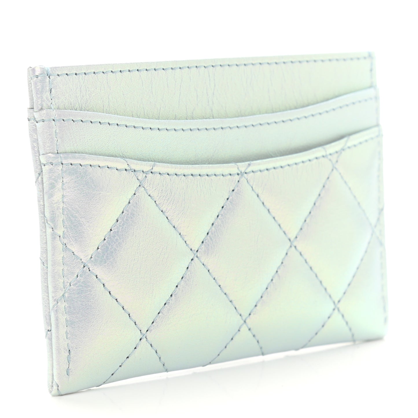 Iridescent Calfskin Quilted Card Holder Light Blue