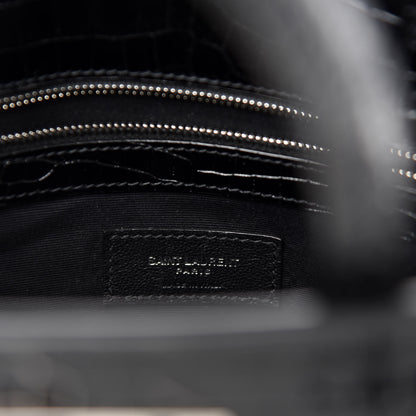 Saint Laurent Shiny Calfskin Crocodile Embossed Small Manhattan Shopper Tote Black 9 of 11