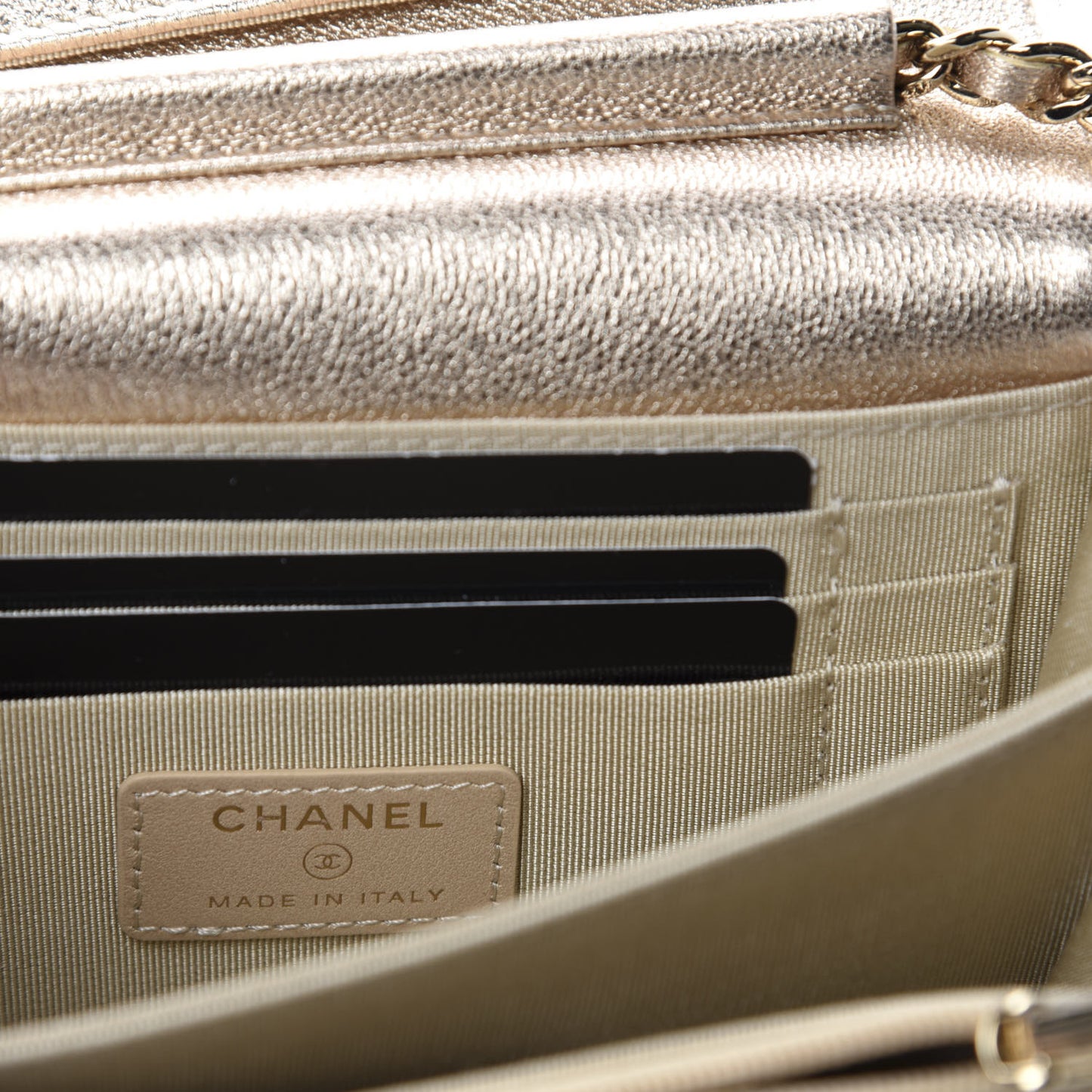 Metallic Lambskin Quilted Mini Wallet On Chain WOC Gold