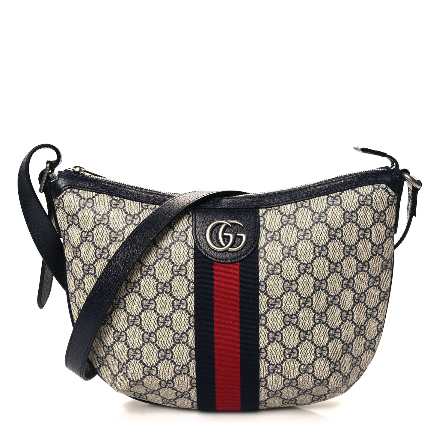 GG Supreme Monogram Textured Dollar Calfskin Web Small Ophidia Half Moon Hobo Beige Blue