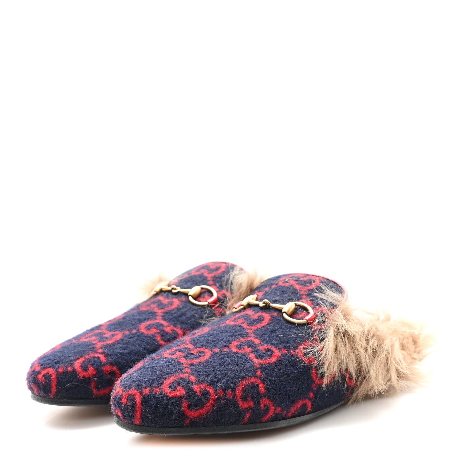 Gucci Covered Wool Big GG Monogram Fur Womens Princetown Slippers 36 Blue Red Butterscotch 4 of 8