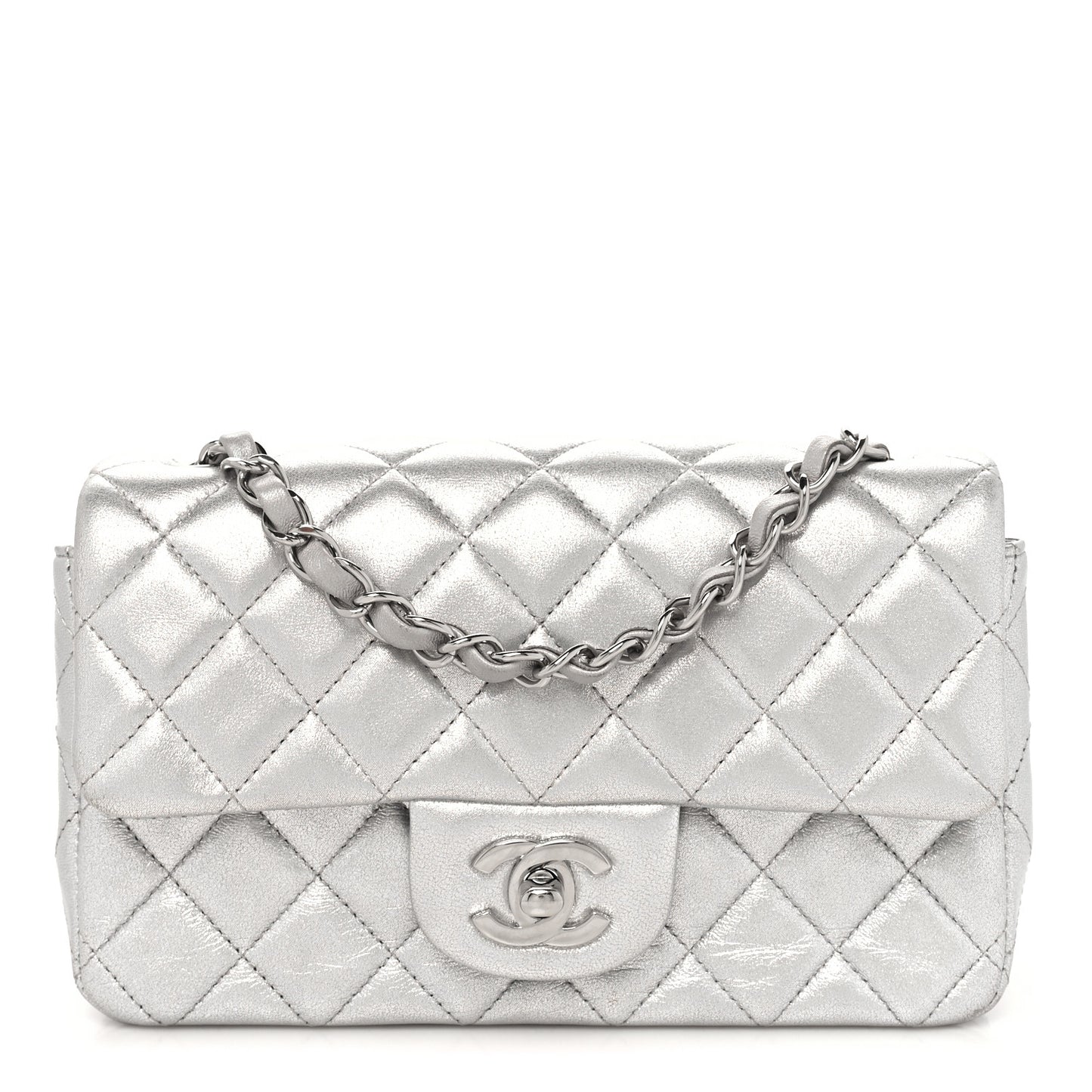 Metallic Lambskin Quilted Mini Rectangular Flap Silver