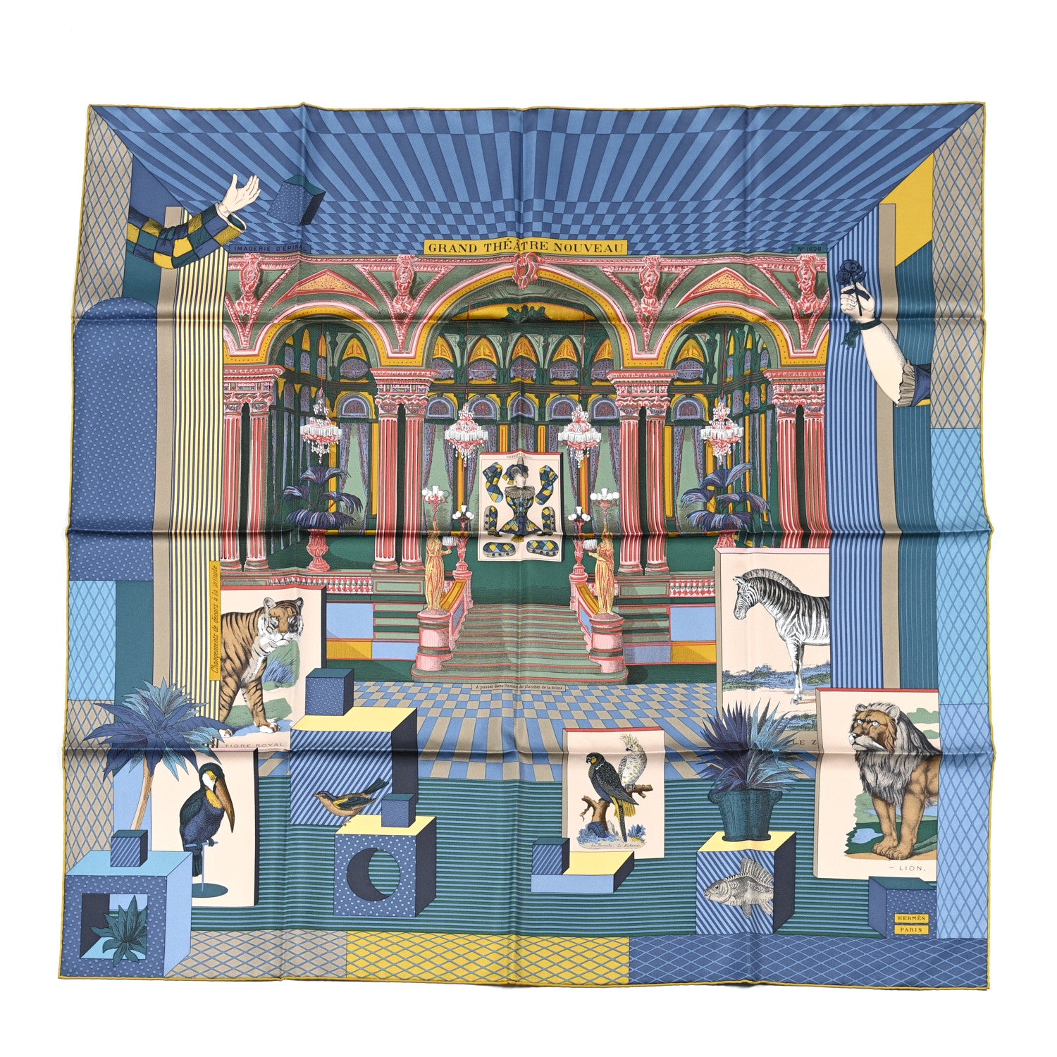 Hermes Silk Twill Grande Theatre Nouveau Scarf 90 Bleu Jean Vert Moutarde 1 of 8