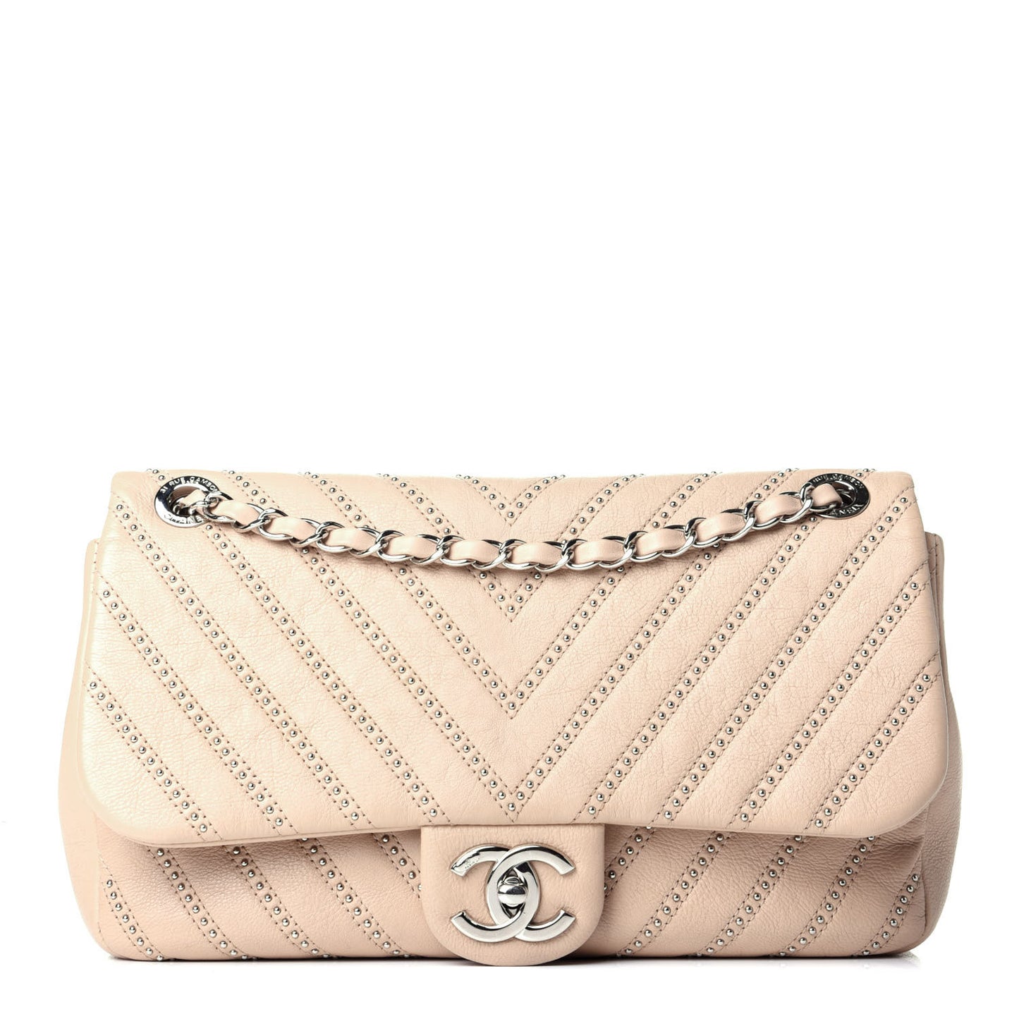 Calfskin Studded Chevron Quilted Medium Wars Flap Beige