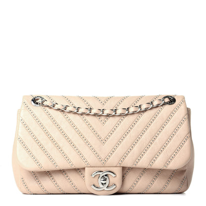 Chanel Calfskin Studded Chevron Quilted Medium Wars Flap Beige 1 of 9