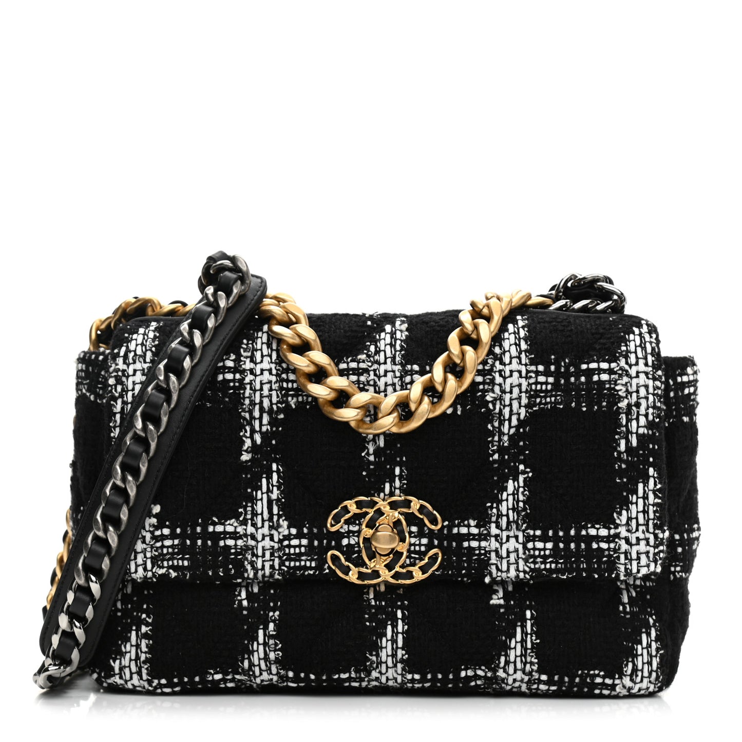 Tweed Quilted Medium Chanel 19 Flap Black White