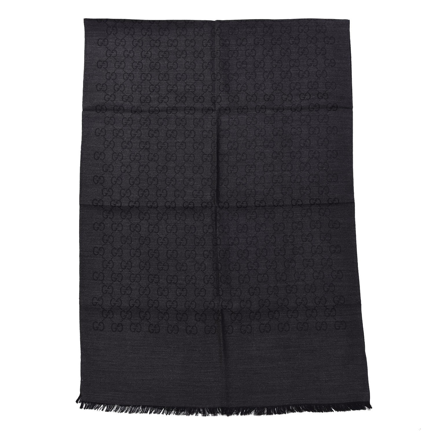 Gucci Wool Silk Monogram Fringe Scarf Grey Black 3 of 5