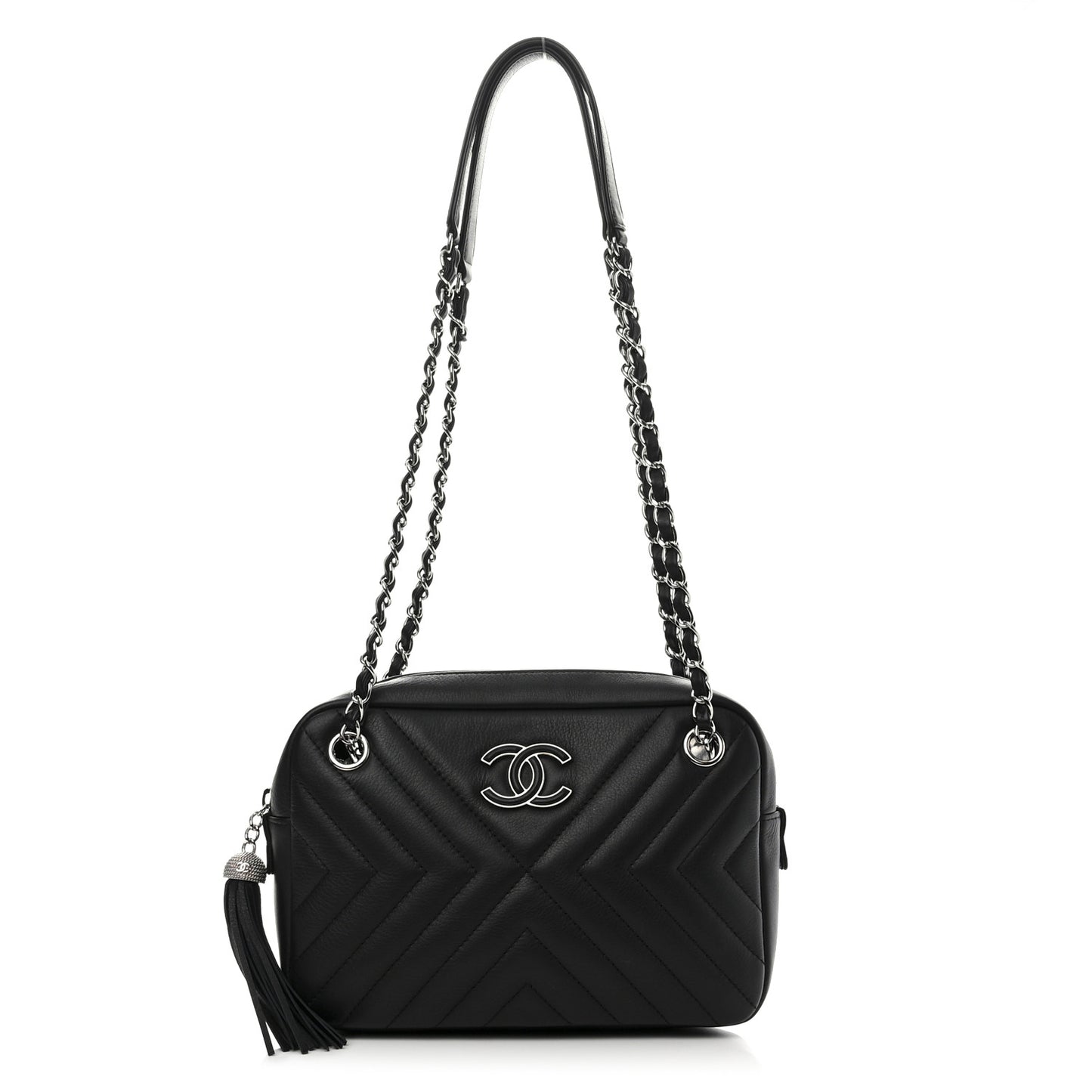 Calfskin Diagonal Chevron Quilted Tassel Camera Case Black
