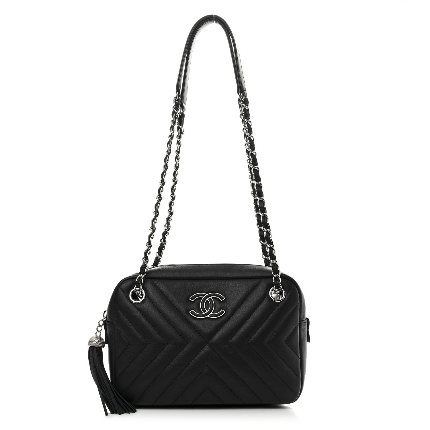 Chanel Calfskin Diagonal Chevron Quilted Tassel Camera Case Black 4 of 12