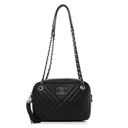 Chanel Calfskin Diagonal Chevron Quilted Tassel Camera Case Black 4 of 12