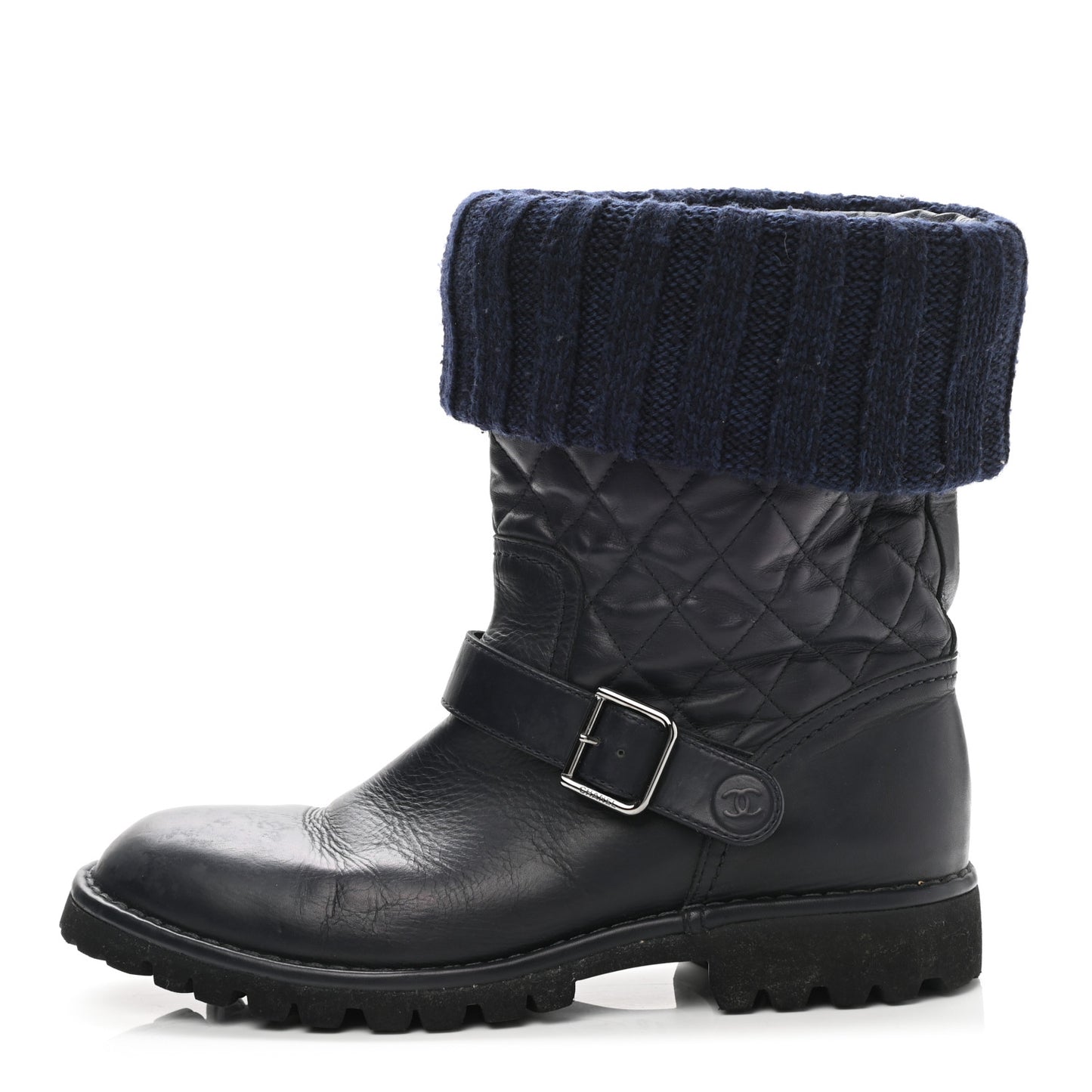 Knit Calfskin Quilted Short Biker Boots 40 Navy