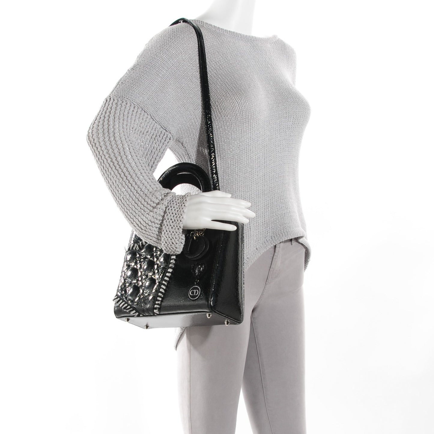 Crackled Calfskin Embellished Medium Lady Dior Black